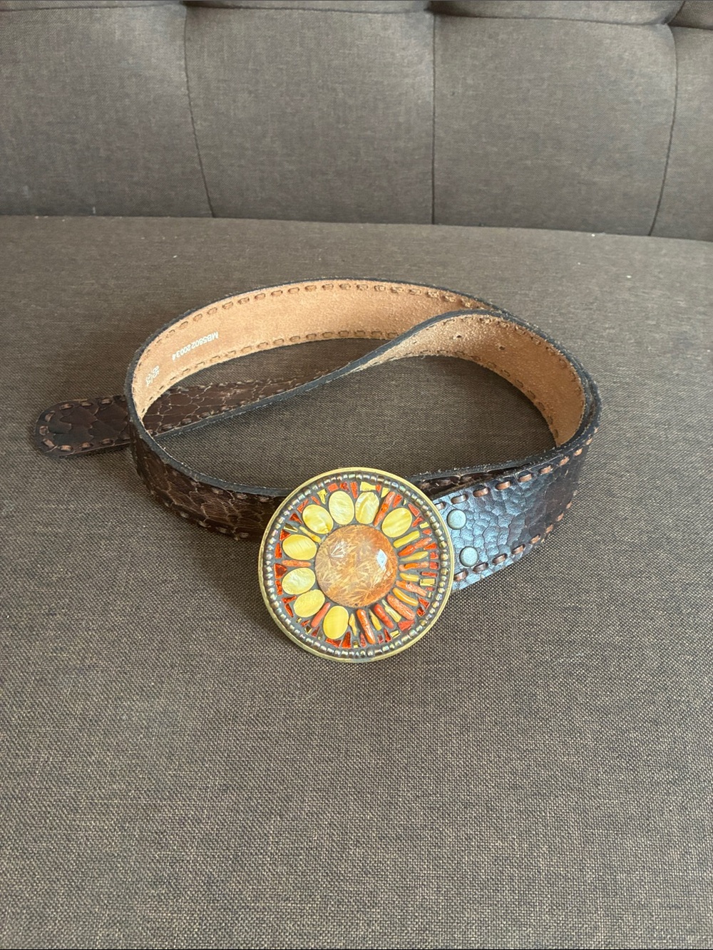 Vintage Fossil Brown Leather Belt with Sunburst Enamel Buckle